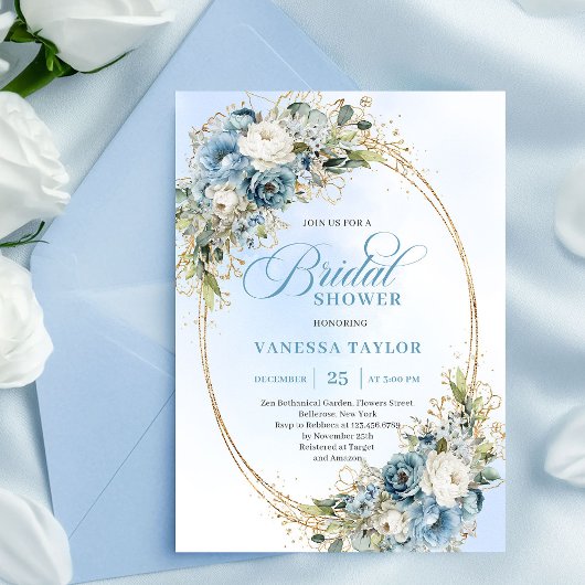 Elegant Dusty Blue Greenery Script Bridal Shower  招待状