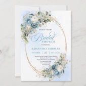 Elegant Dusty Blue Greenery Script Bridal Shower  招待状 (正面)
