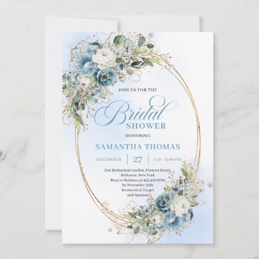 Elegant Dusty Blue Greenery Script Bridal Shower  招待状 (正面)