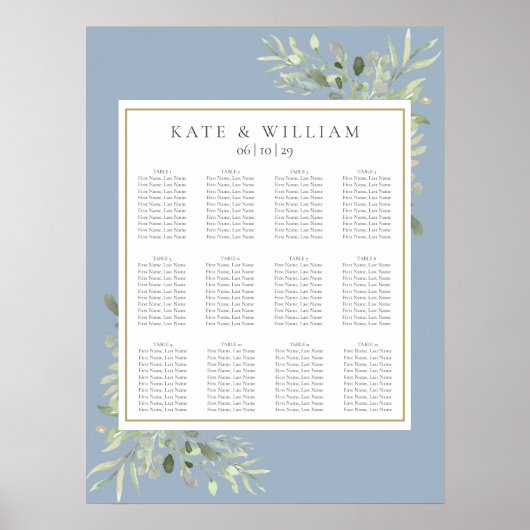 Elegant Dusty Blue Greenery Wedding Seating Chart ポスター (正面)