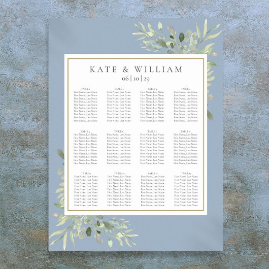 Elegant Dusty Blue Greenery Wedding Seating Chart ポスター