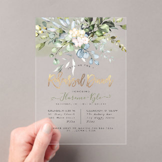 Elegant Dusty Blue Gum Eucalyptus Rehearsal Dinner アクリル招待状