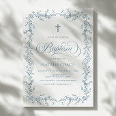 Elegant Dusty Blue Hand Drawn Floral Frame Baptism 招待状