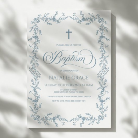 Elegant Dusty Blue Hand Drawn Floral Frame Baptism 招待状