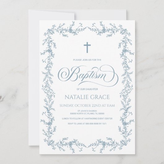 Elegant Dusty Blue Hand Drawn Floral Frame Baptism 招待状 (正面)