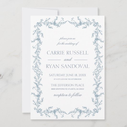 Elegant Dusty Blue Hand Drawn Floral Frame Wedding 招待状 (正面)