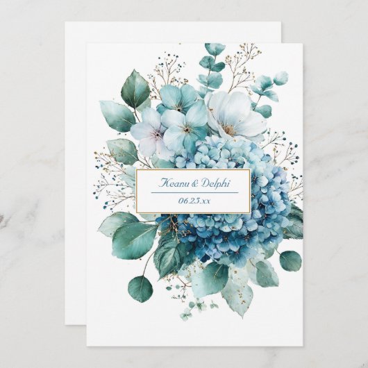 Elegant Dusty Blue Hydrangea Gold Floral 招待状 (正面/裏面)