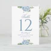 Elegant Dusty Blue Hydrangea Wedding Table Number 招待状 (スタンド正面)