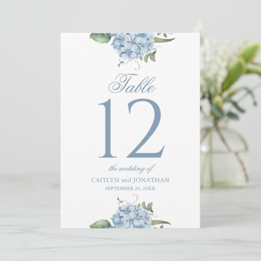 Elegant Dusty Blue Hydrangea Wedding Table Number 招待状 (スタンド正面)