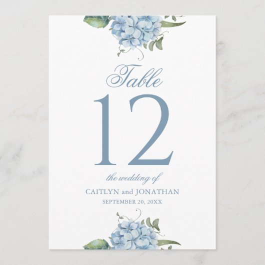 Elegant Dusty Blue Hydrangea Wedding Table Number 招待状 (正面)