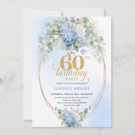 Elegant Dusty Blue Hydrangeas 60th Invitation 招待状 (正面)