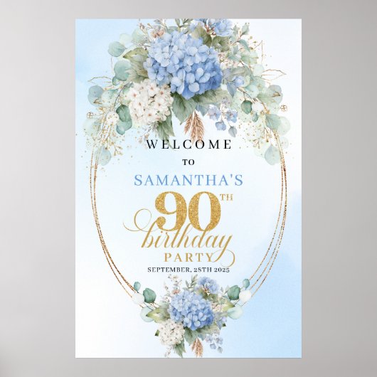 Elegant dusty blue hydrangeas gold welcome sign 90 ポスター (正面)