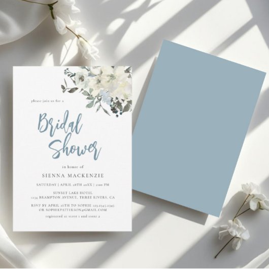 Elegant Dusty Blue Ivory Floral Bridal Shower 招待状