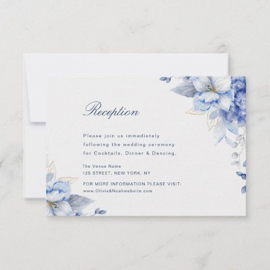 Elegant Dusty Blue & Light Blue Floral  Artwork 出欠カード (正面)