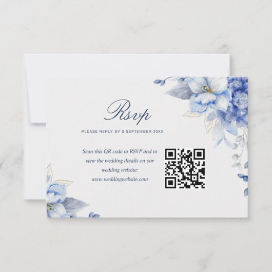 Elegant Dusty Blue & Light Blue Floral Artwork 出欠カード (正面)