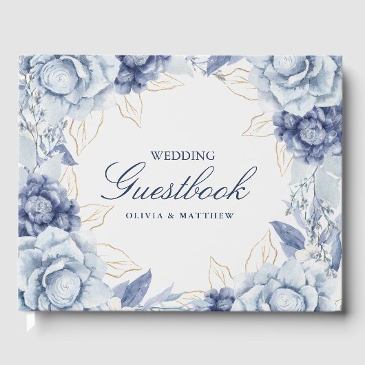 Elegant Dusty Blue & Light Blue Floral  Wedding  ゲストブック (正面)
