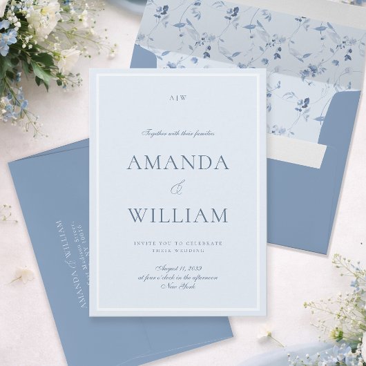 Elegant Dusty Blue Minimal Wedding Invitation 招待状