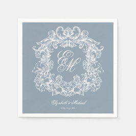 Elegant Dusty Blue Monogram Crest Script Wedding スタンダードカクテルナプキン