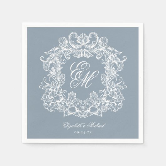 Elegant Dusty Blue Monogram Crest Script Wedding スタンダードカクテルナプキン (正面)