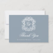 Elegant Dusty Blue Monogram Crest Vintage Wedding  サンキューカード (正面)