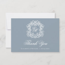 Elegant Dusty Blue Monogram Crest Vintage Wedding サンキューカード