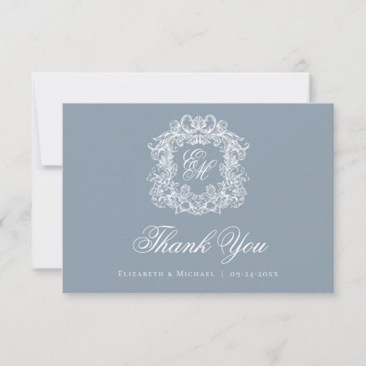 Elegant Dusty Blue Monogram Crest Vintage Wedding  サンキューカード (正面)
