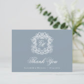 Elegant Dusty Blue Monogram Crest Vintage Wedding  サンキューカード (スタンド正面)