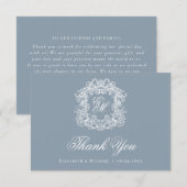 Elegant Dusty Blue Monogram Crest Vintage Wedding  サンキューカード (正面/裏面)