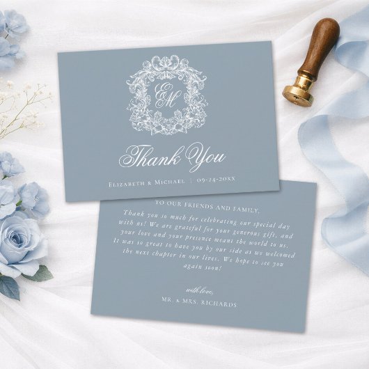 Elegant Dusty Blue Monogram Crest Vintage Wedding  サンキューカード