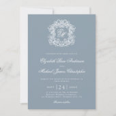 Elegant Dusty Blue Monogram Wedding Crest 招待状 (正面)