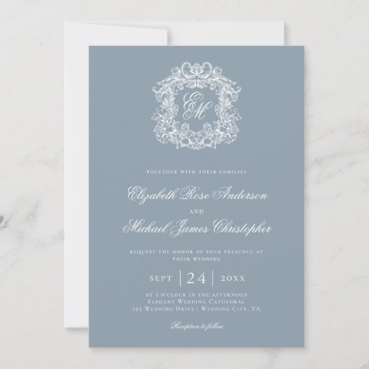 Elegant Dusty Blue Monogram Wedding Crest 招待状 (正面)