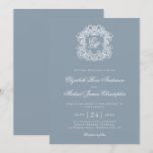 Elegant Dusty Blue Monogram Wedding Crest 招待状 (正面/裏面)