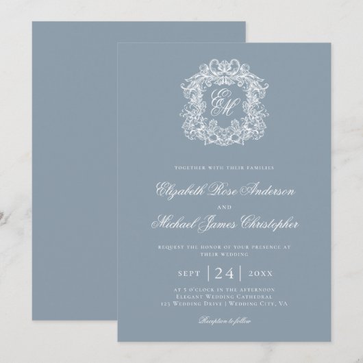 Elegant Dusty Blue Monogram Wedding Crest 招待状 (正面/裏面)