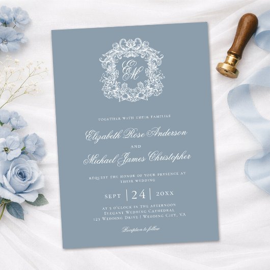 Elegant Dusty Blue Monogram Wedding Crest 招待状