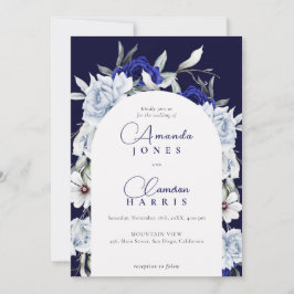 Elegant Dusty Blue Navy Floral Arch Wedding 招待状