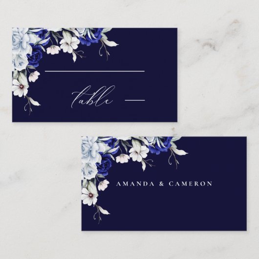 Elegant Dusty Blue Navy Floral Wedding プレイスカード (正面/裏面)