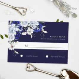 Elegant Dusty Blue Navy Floral Wedding 出欠カード
