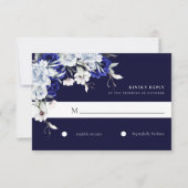 Elegant Dusty Blue Navy Floral Wedding 出欠カード (正面)