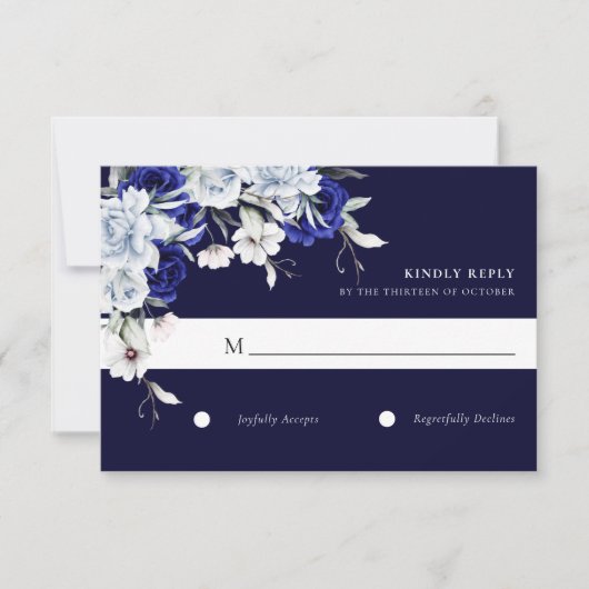Elegant Dusty Blue Navy Floral Wedding 出欠カード (正面)