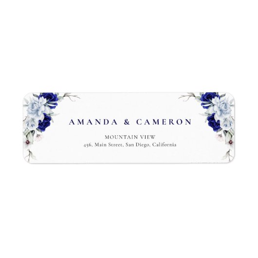 Elegant Dusty Blue Navy Floral Wedding Address ラベル (正面)