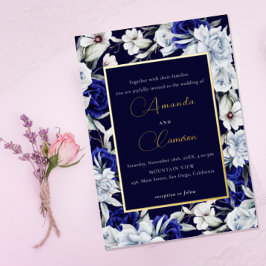 Elegant Dusty Blue Navy Floral Wedding Gold 箔招待状