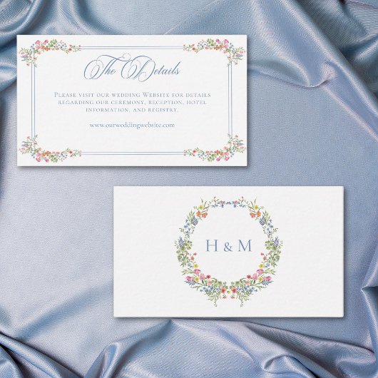 Elegant Dusty Blue Pastel Wildflower Crest Wedding エンクロージャーカード