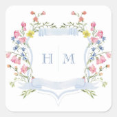 Elegant Dusty Blue Pastel Wildflower Crest Wedding スクエアシール (正面)