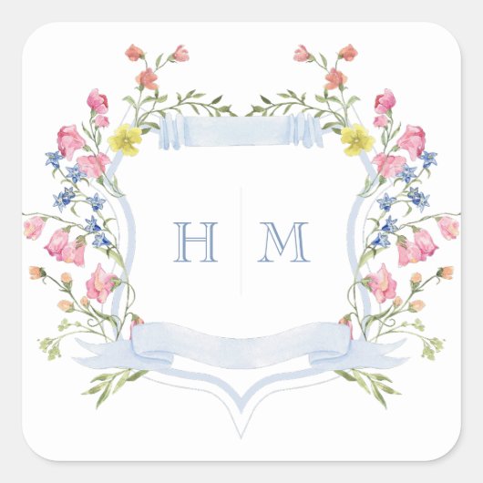 Elegant Dusty Blue Pastel Wildflower Crest Wedding スクエアシール (正面)