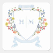 Elegant Dusty Blue Pastel Wildflower Crest Wedding スクエアシール (正面)