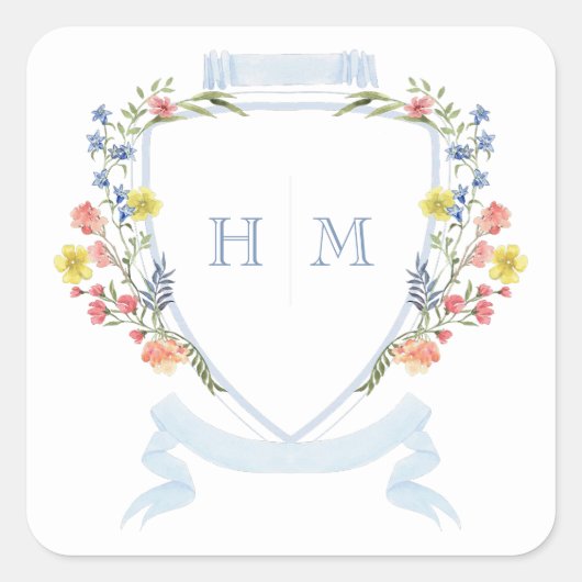 Elegant Dusty Blue Pastel Wildflower Crest Wedding スクエアシール (正面)