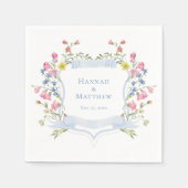 Elegant Dusty Blue Pastel Wildflower Crest Wedding スタンダードカクテルナプキン (正面)