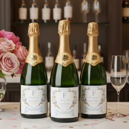 Elegant Dusty Blue Pastel Wildflower Crest Wedding スパークリングワインラベル