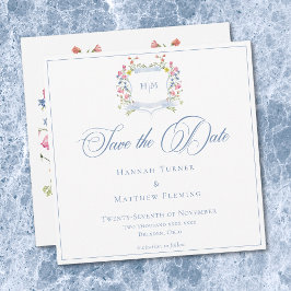 Elegant Dusty Blue Pastel Wildflower Crest Wedding セーブザデート