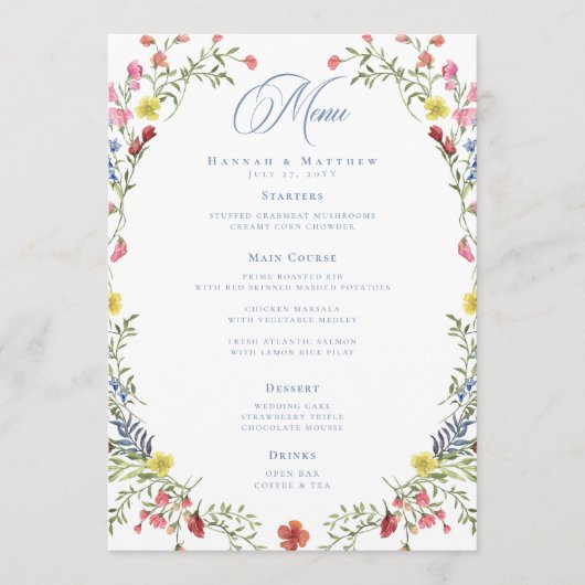 Elegant Dusty Blue Pastel Wildflower Crest Wedding メニュー (正面)
